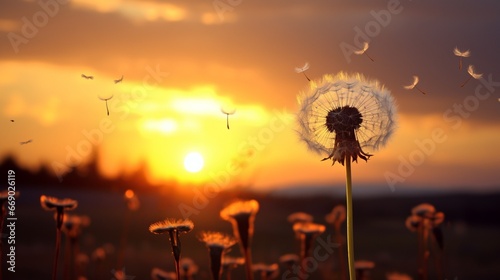 The dramatic silhouette of a dandelion against a setting sun, seeds ready to take flight.