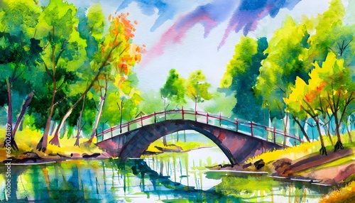 watercolor contryside bridge with lots of trees  photo