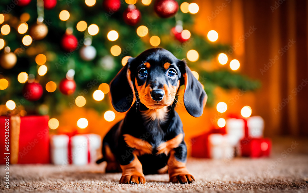 Dachschund Puppy in Christmas Holiday Studio Scene
