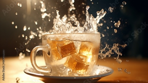 The dynamic splash of a sugar cube being dropped into a tea cup, captured in freeze-frame.