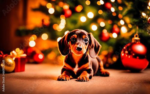 Tiny Brown Dachschund Puppy in Front of Christmas Tree
 photo