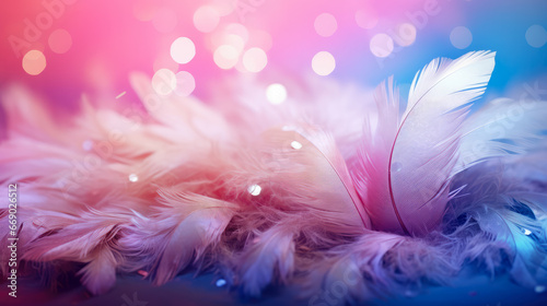 Beautiful Pink Feathers Abstract Background with Shining Bokeh
