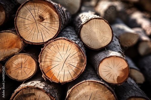 Wood logs .Log trunks pile  the logging timber wood industry. Wooden trunks. Ai generative