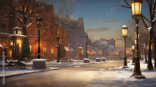 The gentle glow of street lamps illuminating a snowy town square, casting long evening shadows.