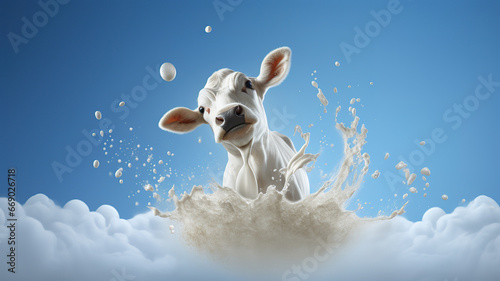 blue background with cow and milk with splashes. concept health food with copy space. AI