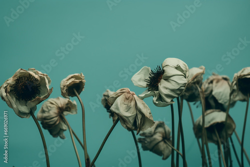 Nature, plants and flowers, graphic resources concept. Dark wilted and dry flowers in blue green soft background with copy space. Surreal, nostalgic and melancholy mood #669026971