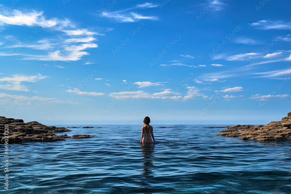 Back View of a Woman in the Sea Amidst Rocks with Blue Sky Above the Deep Horizon