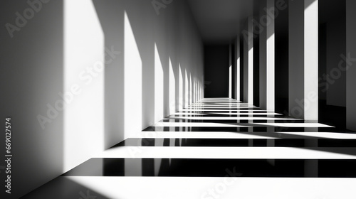 Corridor with building pillars and walls in black and white, creating a unique minimalist space with intriguing shapes and interplay of light and shadow.
