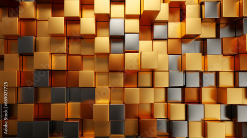 Golden cube texture seamless wall background with cube texture in orange and beige, featuring V-Ray tracing and vibrant color blocks.
