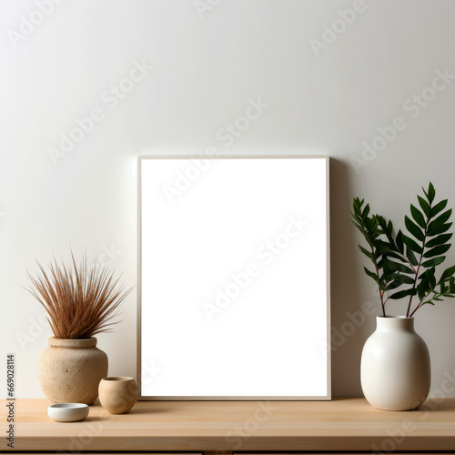 Transparent Blank Canvas with Wood Frame on Wall - Naturalistic Light, Nature-Inspired Imagery, and Minimalist Design for Poster Mockup, Realistic Wood Texture and Elegant Interior Presentation