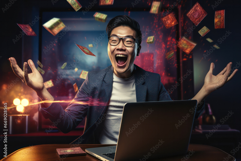 Asian Man with Laptop and Stack of Money - Business Success Concept Asian Man with Laptop and Stack of Money - Business Success Concept