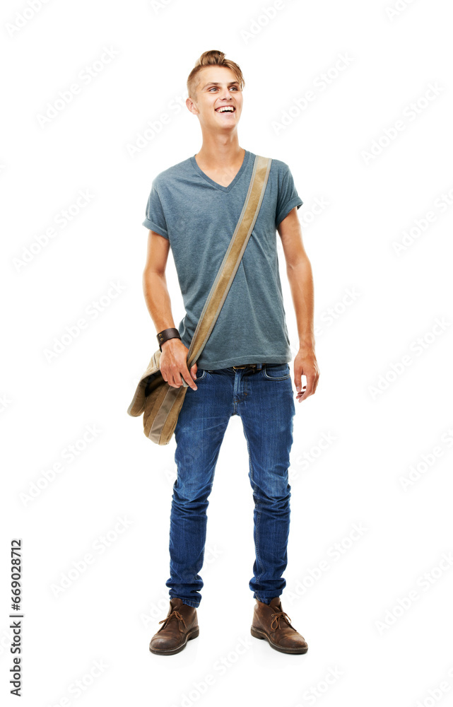 University, happy man or student thinking in studio with bag ready for learning or studying. Scholarship, smile and excited male college person in Germany with ideas isolated on white background University, happy man or student thinking in studio with bag ready for learning or studying. Scholarship, smile and excited male college person in Germany with ideas isolated on white background