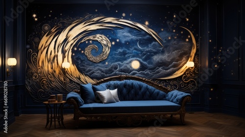 A moon and stars design on one of the sidewalls of the room photo