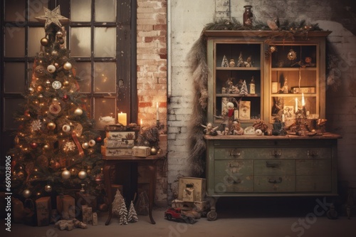 christmas vintage display cabinet and xmas tree decoration at home
