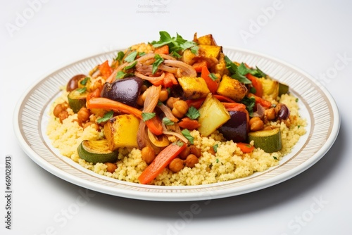 Photo of a serving of Moroccan couscous with vegetables on a pure white desk. Generative AI