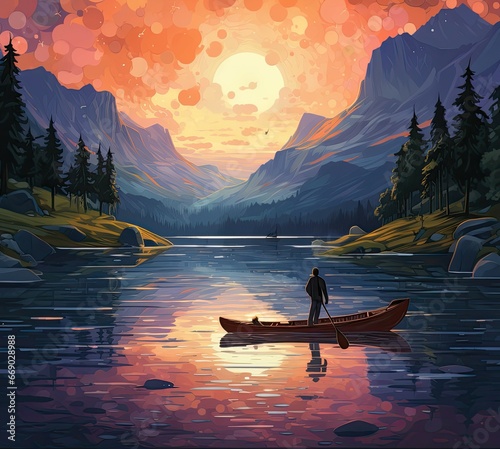 The star over the lake scene with a man in a canoe