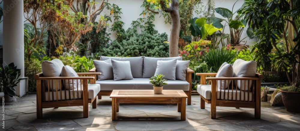 Beautiful outdoor seating area with comfortable furniture and peaceful ambiance