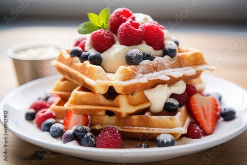 Photo of a stack of Belgian waffles topped with berries and cream on a bright white tabletop. Generative AI photo