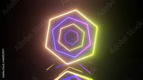 Abstract background with Tesseract light hexagon with Light Lines Moving Fast. Futuristic hexagon neon with Tesseract Lights.Seamless loop. Moving glowing neon lights disco party