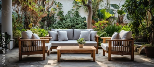 Beautiful outdoor seating area with comfortable furniture and peaceful ambiance