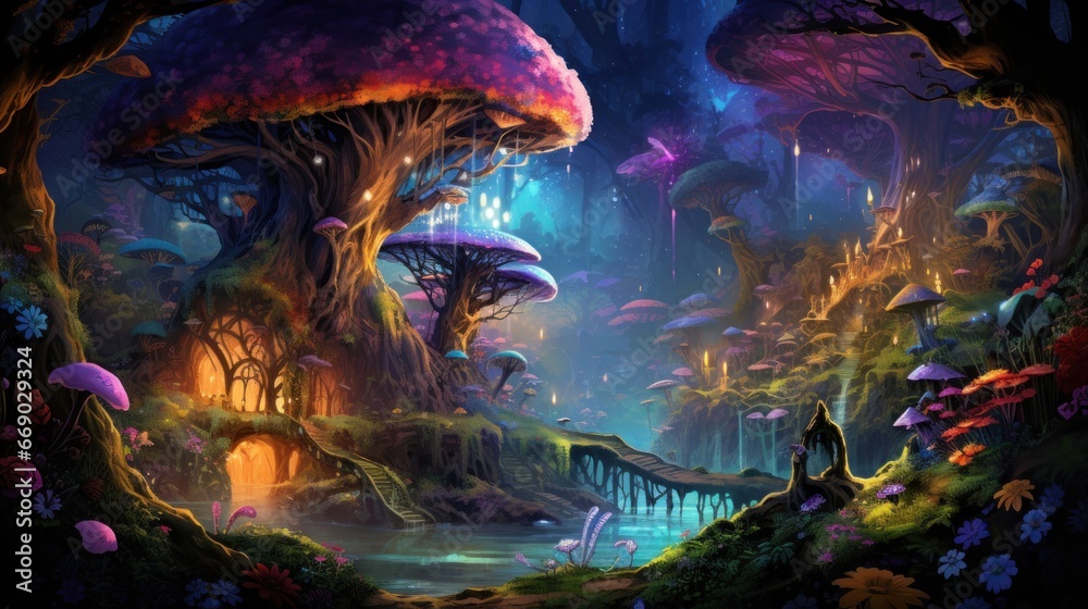 Mythical Forest Fantasy Luminous Creatures & Enchanted Flora - obrazy, fototapety, plakaty 