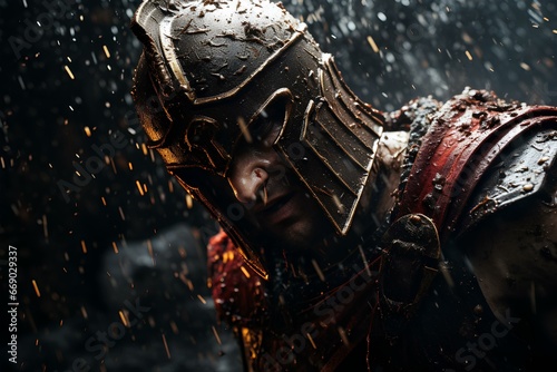 spartan warrior fighting at the battle of thermopylae, gritty horror, dark red and gold, inkblot, intricate use of hatching, golden palette, strong emotional impact. generative AI