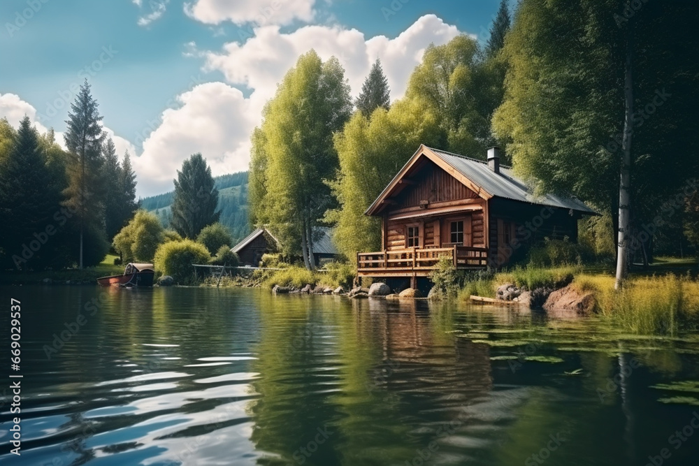 Wooden hut cabin for fisherman in river