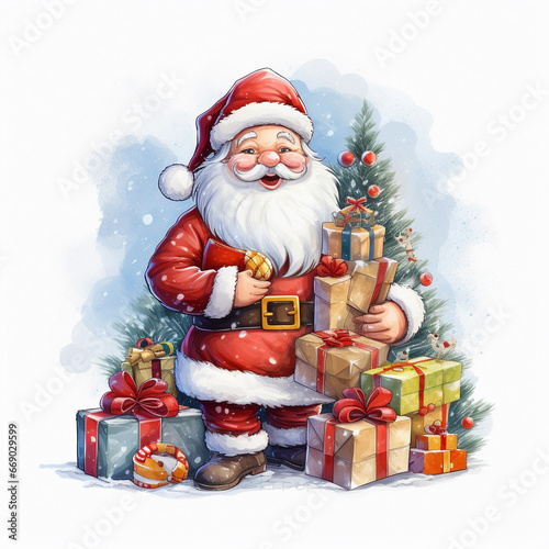 Santa Claus cartoon Comes with reindeer There are many gifts, Christmas tree, white background