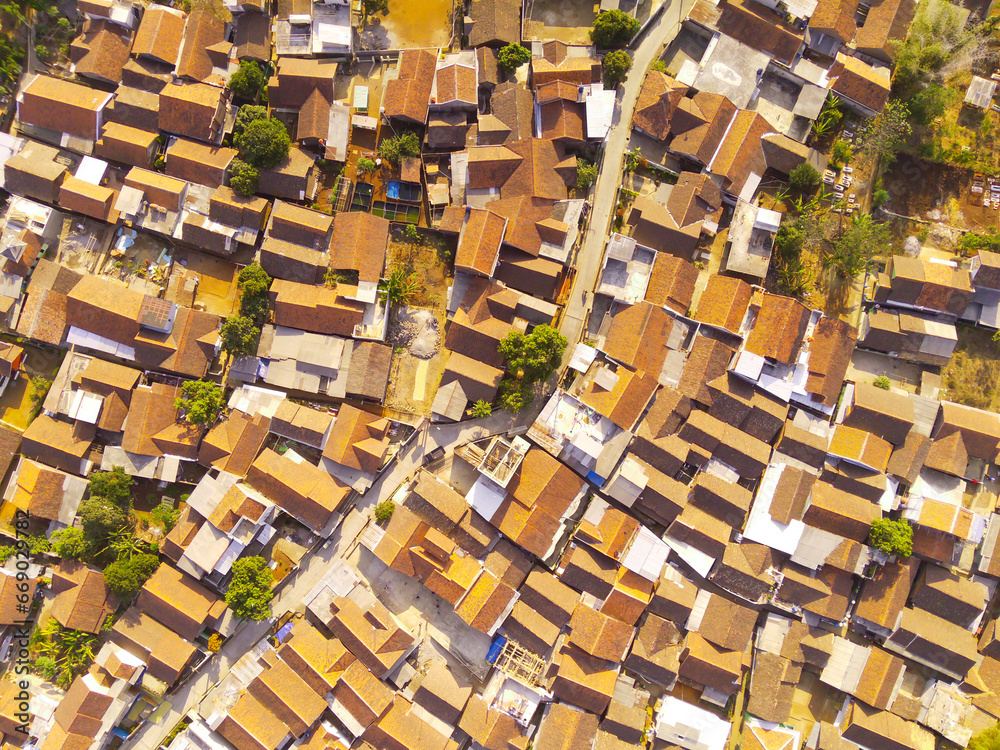Drone Photography. Aerial Landscape Dense Residential Housing in the countryside of Bandung City - Indonesia. Aerial Photography. Top view Drone Photography. Aerial Landscape Dense Residential Housing in the countryside of Bandung City - Indonesia. Aerial Photography. Top view