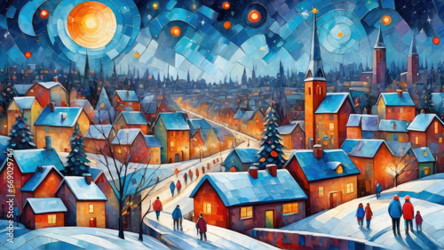 cubism painting of vibrant cozy winter Christmas eve