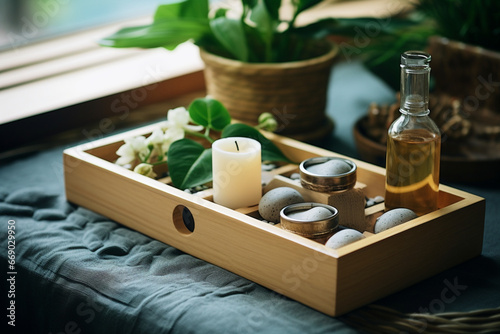 Wooden bath tray with herbal massage bags and bathroom amenities on tub indoors