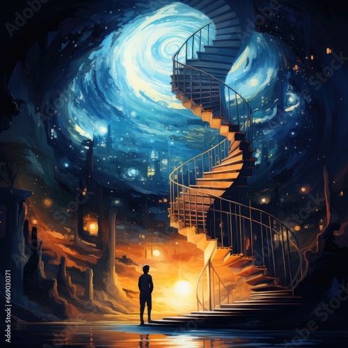 Spiral staircase in magical background photo