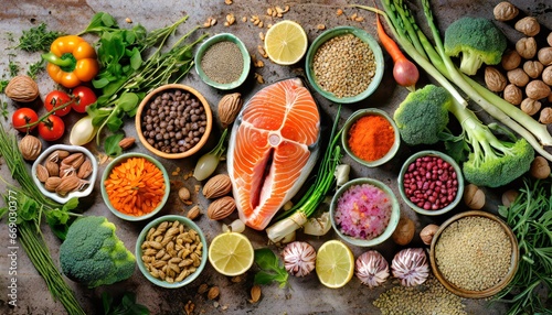 Brain health food nutrition concept with fish, vegetables, seeds, pollen grain and herbs photo