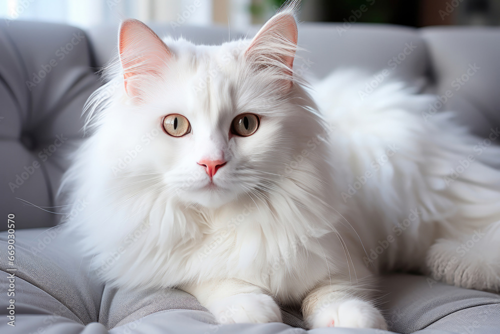 Cute white cat is lying on a gray sofa in the living room of the house
