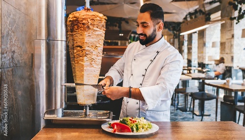 Doner chef cutting a piece from a big doner kebab in a restaurant