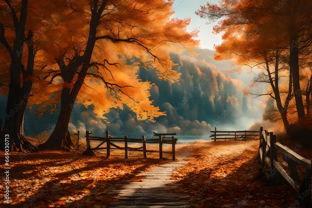 a tranquil autumn ,landscape where water color, meets vibrant ink with beautiful scene.