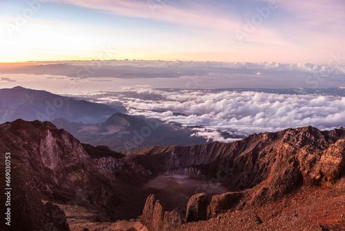 View from Mount Rinjani summit at sunrise. Beautiful mountain landscape at Lombok island  Indonesia.