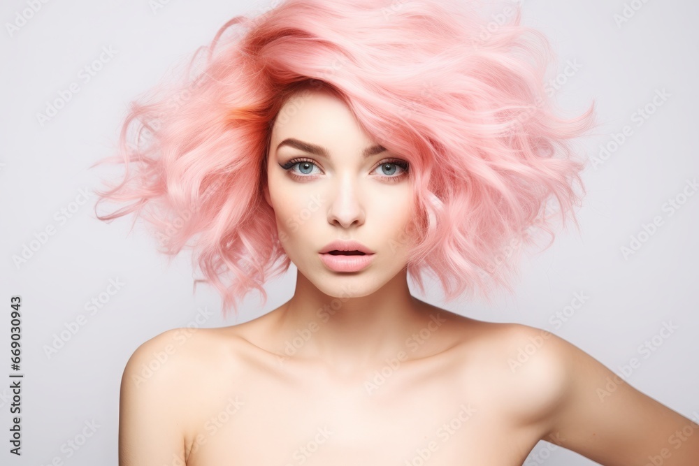 a macro close-up studio fashion portrait of a face of a young woman with perfect skin, pink hair and immaculate make-up. White background. Skin beauty and hormonal female health concept a macro close-up studio fashion portrait of a face of a young woman with perfect skin, pink hair and immaculate make-up. White background. Skin beauty and hormonal female health concept