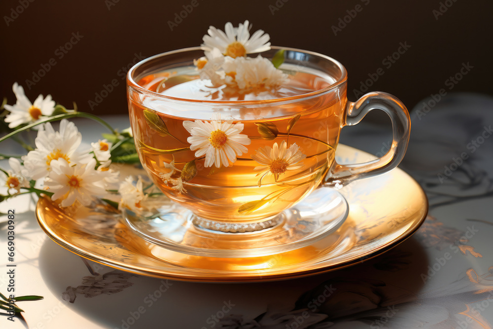 Herbal chamomile tea in a cup and a bouquet of flowers on the table