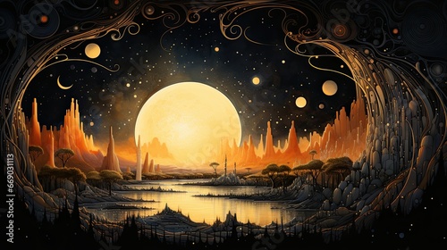 Fantasy landscape with a full moon in the night