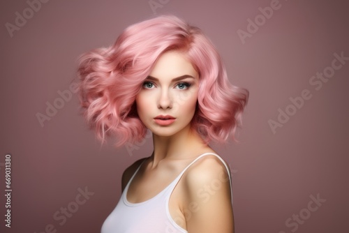 a macro close-up studio fashion portrait of a face of a young woman with perfect skin  short pink hair and immaculate make-up. Pink background. Skin beauty and hormonal female health concept