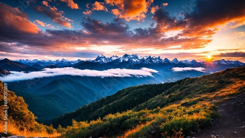Stunning sunrise in the mountains, warm light. Generative AI, © Артем Шостак
