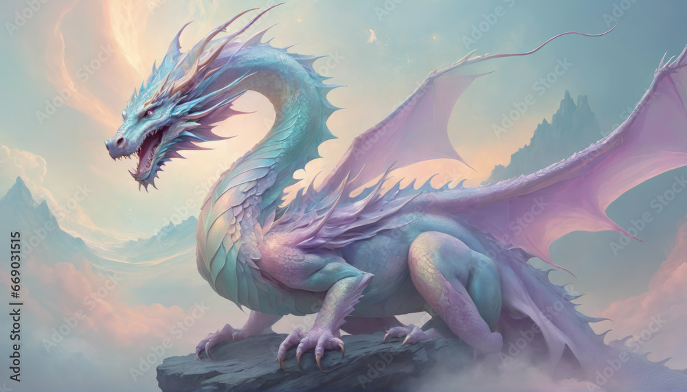 Fantasy illustration of ancient dragon creature in pastel colors digital art style background - obrazy, fototapety, plakaty 