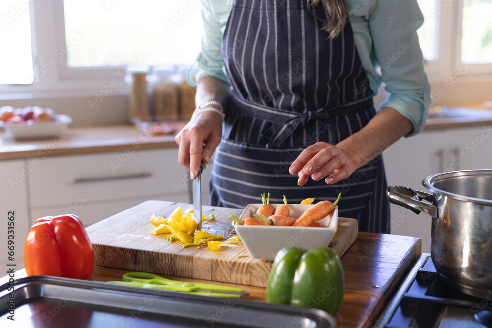 Midsection of senior caucasian woman cooking dinner in kitchen Midsection of senior caucasian woman cooking dinner in kitchen