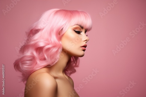 a macro close-up studio fashion portrait of a profile face of a young woman with perfect skin, short pink hair and immaculate make-up. Pink background. Skin beauty and hormonal female health concept