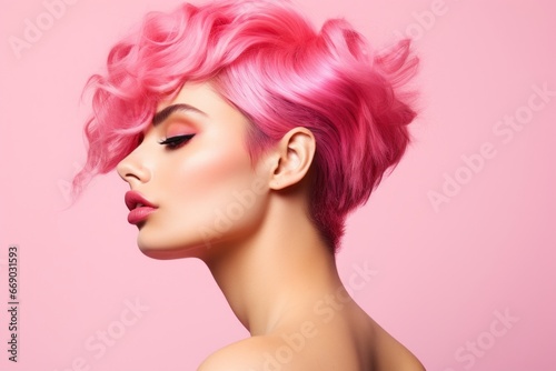 a macro close-up studio fashion portrait of a profile face of a young woman with perfect skin  short pink hair and immaculate make-up. Pink background. Skin beauty and hormonal female health concept