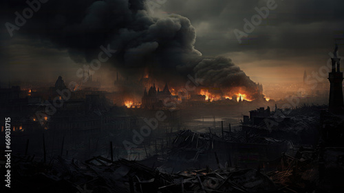 black smoke billowing from a burning site with buildings from a city in war