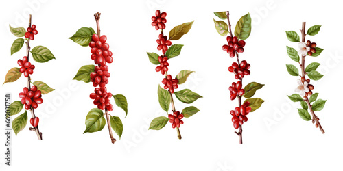 Coffee tree branches with red beans in watercolor illustration

