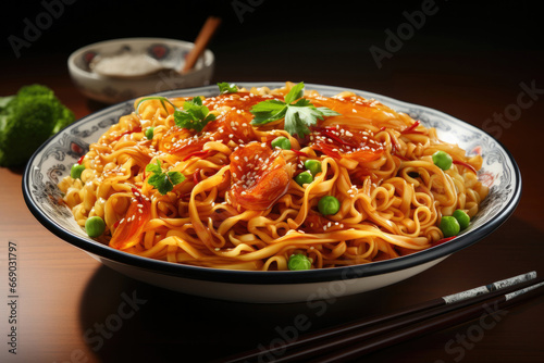 Chinese noodles with peas on a plate