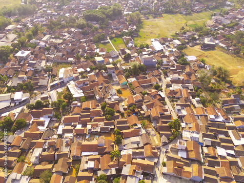 Drone Photography. Aerial Landscape Dense Residential Housing in the countryside of Bandung City - Indonesia. Aerial Photography. Top view